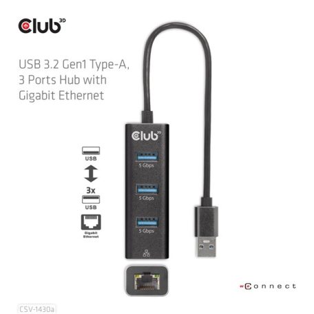 Club 3D USB Hub - CSV-1430A (3.2 USB-A to 3xUSB-A, RJ45)