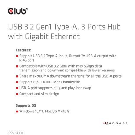Club 3D USB Hub - CSV-1430A (3.2 USB-A to 3xUSB-A, RJ45)