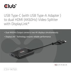   Club 3D Video Splitter - CSV-1475 (4K60HZ, 3.2 USB-C (USB-A Adapterrel) to 2xHDMI, Displaylink)