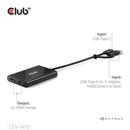 Club 3D Video Splitter - CSV-1475 (4K60HZ, 3.2 USB-C (USB-A Adapterrel) to 2xHDMI, Displaylink)