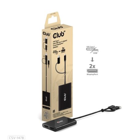 Club 3D Video Splitter - CSV-1478 (4K60HZ, 3.2 USB-C (USB-A adapterrel) to 2xDisplayPort)