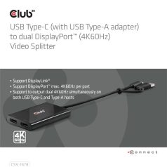   Club 3D Video Splitter - CSV-1478 (4K60HZ, 3.2 USB-C (USB-A adapterrel) to 2xDisplayPort)