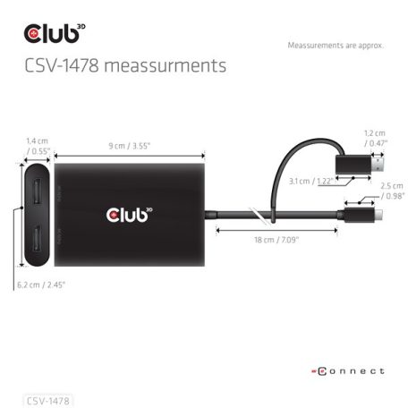 Club 3D Video Splitter - CSV-1478 (4K60HZ, 3.2 USB-C (USB-A adapterrel) to 2xDisplayPort)