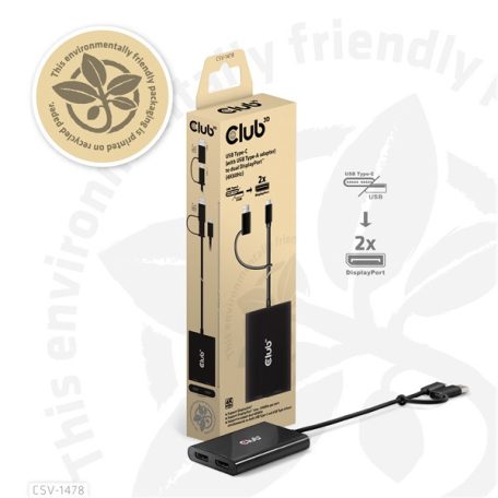 Club 3D Video Splitter - CSV-1478 (4K60HZ, 3.2 USB-C (USB-A adapterrel) to 2xDisplayPort)