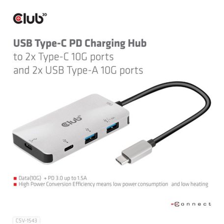Club 3D USB Hub - CSV-1543 (USB-C Gen 2 to USB-C (data), USB-C (data+charge), USB-A (data), USB-A (data+charge)