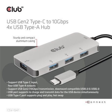 Club 3D USB Hub - CSV-1547 (USB-C Gen 2 to 4xUSB-A 10 Gbps)