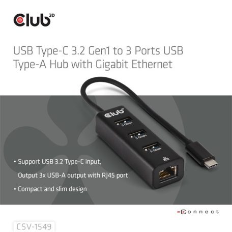Club 3D USB Hub - CSV-1549 (3.2 USB-C Gen 1 to 3xUSB-A, RJ45,1Gbps)