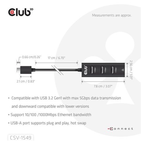 Club 3D USB Hub - CSV-1549 (3.2 USB-C Gen 1 to 3xUSB-A, RJ45,1Gbps)