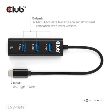 Club 3D USB Hub - CSV-1549 (3.2 USB-C Gen 1 to 3xUSB-A, RJ45,1Gbps)