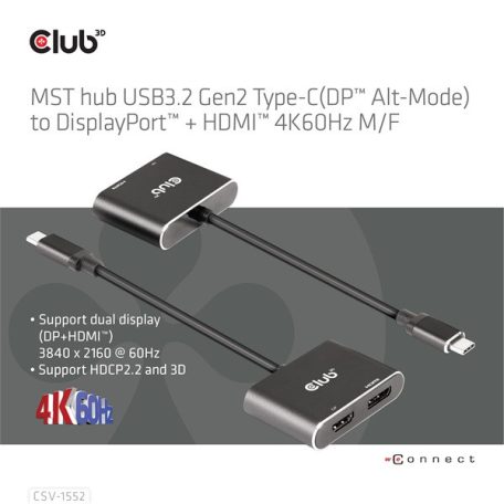Club 3D MST Hub - CSV-1552 (3.2 USB-C Gen 1 to DisplayPort, HDMI, 4k60Hz)