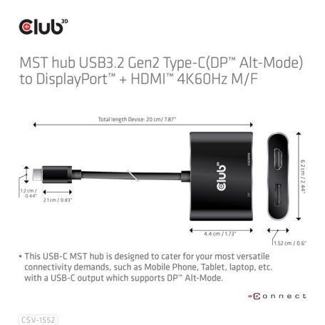 Club 3D MST Hub - CSV-1552 (3.2 USB-C Gen 1 to DisplayPort, HDMI, 4k60Hz)