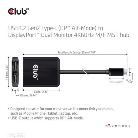 Club 3D MST Hub - CSV-1555 (3.2 USB-C to 2x DisplayPort, 4k60Hz)