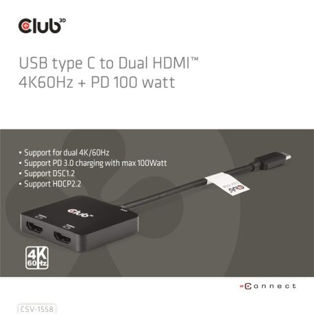 Club 3D MST Hub - CSV-1558 (3.2 USB-C to 2xHDMI, USB-C 100W PD3.0, M/F, 4k60Hz)
