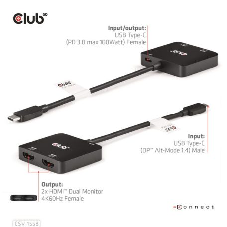 Club 3D MST Hub - CSV-1558 (3.2 USB-C to 2xHDMI, USB-C 100W PD3.0, M/F, 4k60Hz)