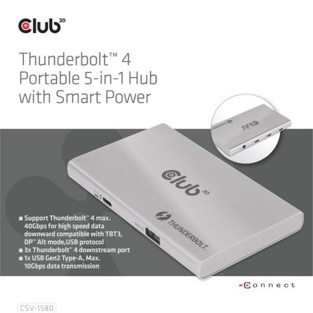 Club 3D USB Hub - CSV-1580 (Thunderbolt 4 to 3x Thunderbolt 4, 1x USB Gen2 Type-A, 100W DC, Max. 10Gbps)
