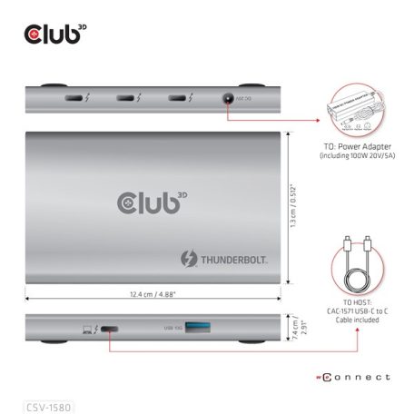 Club 3D USB Hub - CSV-1580 (Thunderbolt 4 to 3x Thunderbolt 4, 1x USB Gen2 Type-A, 100W DC, Max. 10Gbps)