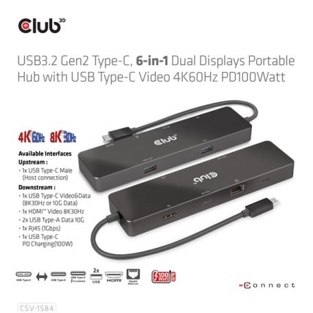 Club 3D USB Hub - CSV-1584 (3.2 USB-C Gen 2 to USB-C, 2xUSB-A, USB-C 100W PD, HDMI, RJ45, 8K60hz)