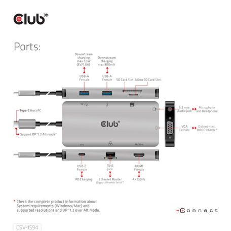 Club 3D USB Hub - CSV-1594 (3.1 USB-C Gen 1 to HDMI, 2xUSB-A Gen 1, USB-C Gen 1, VGA, SD, Micro SD 3.0, RJ45, 3,5 Jack)