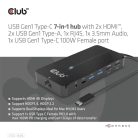 Club 3D USB Hub - CSV-1595 (USB-C Gen 1 to 2xHDMI, 2xUSB-A Gen 1, USB-C Gen 1 100W PD 3.0, RJ45, 3,5 Jack, 4k60Hz)