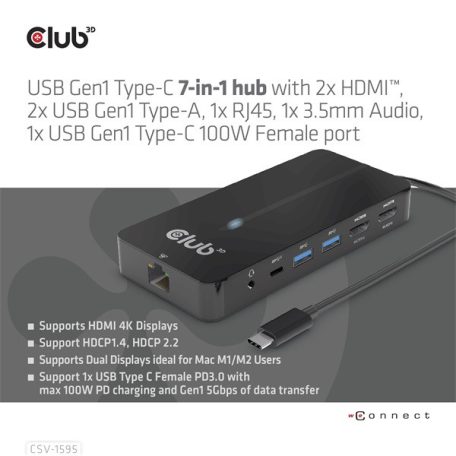 Club 3D USB Hub - CSV-1595 (USB-C Gen 1 to 2xHDMI, 2xUSB-A Gen 1, USB-C Gen 1 100W PD 3.0, RJ45, 3,5 Jack, 4k60Hz)