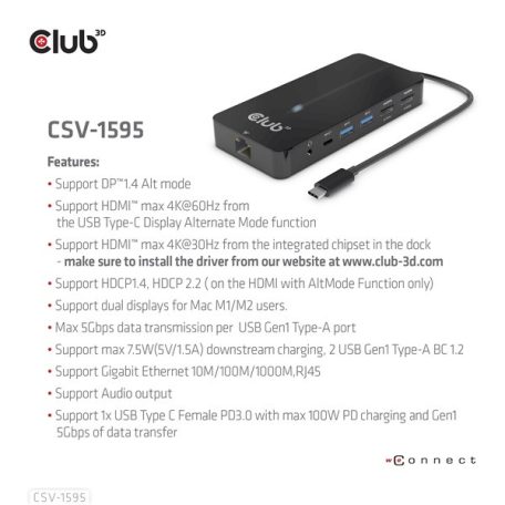 Club 3D USB Hub - CSV-1595 (USB-C Gen 1 to 2xHDMI, 2xUSB-A Gen 1, USB-C Gen 1 100W PD 3.0, RJ45, 3,5 Jack, 4k60Hz)