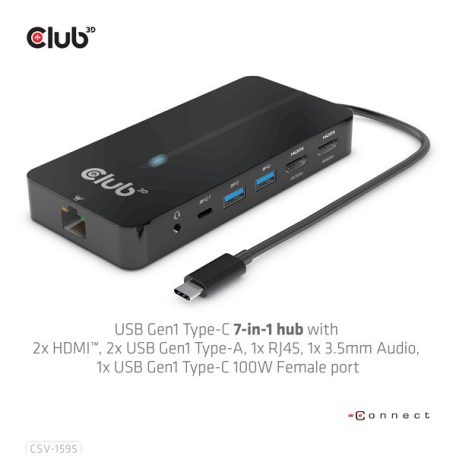 Club 3D USB Hub - CSV-1595 (USB-C Gen 1 to 2xHDMI, 2xUSB-A Gen 1, USB-C Gen 1 100W PD 3.0, RJ45, 3,5 Jack, 4k60Hz)
