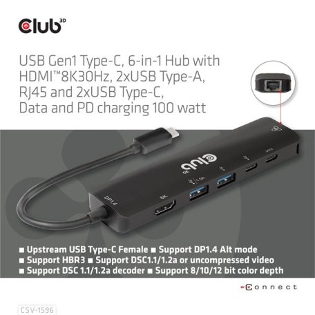 Club 3D USB Hub - CSV-1596 (USB-C to 2xHDMI, 2xUSB-A, USB-C PD, RJ45, 4k60Hz)