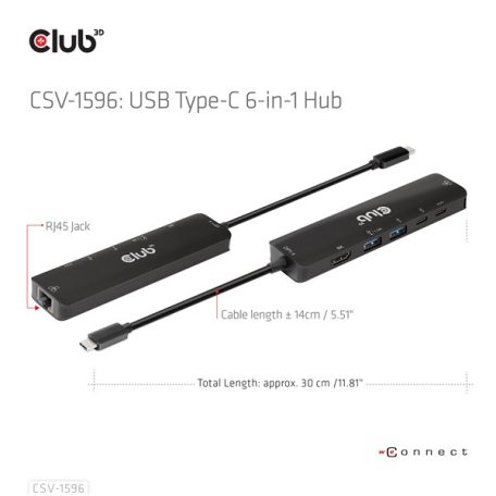Club 3D USB Hub - CSV-1596 (USB-C to 2xHDMI, 2xUSB-A, USB-C PD, RJ45, 4k60Hz)