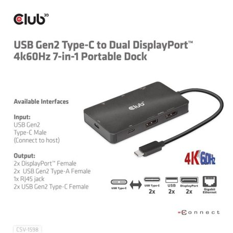 Club 3D USB Hub - CSV-1598 (USB-C Gen 2 to 2xDisplayPort, 2xUSB-A Gen 2, 2xUSB-C Gen 2, RJ45, 4k60Hz)