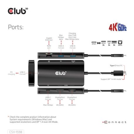 Club 3D USB Hub - CSV-1598 (USB-C Gen 2 to 2xDisplayPort, 2xUSB-A Gen 2, 2xUSB-C Gen 2, RJ45, 4k60Hz)