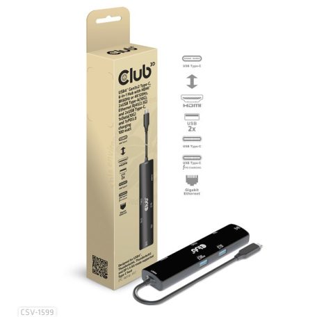 Club 3D USB Hub - CSV-1599 (USB-C 4 to HDMI, 2xUSB-A (10G), RJ45 (2,5G), USB-C 100W PD 3.0, USB-C 10Gbps, 8k60Hz)