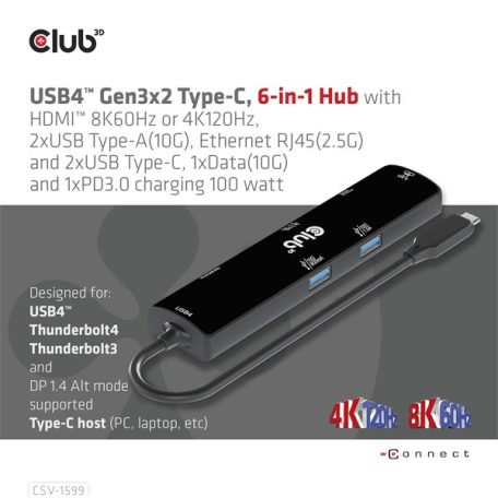 Club 3D USB Hub - CSV-1599 (USB-C 4 to HDMI, 2xUSB-A (10G), RJ45 (2,5G), USB-C 100W PD 3.0, USB-C 10Gbps, 8k60Hz)