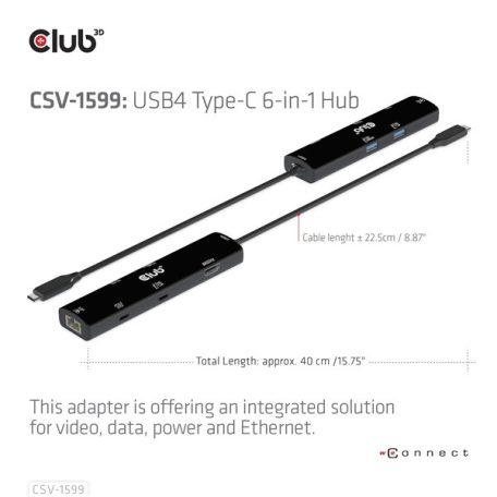 Club 3D USB Hub - CSV-1599 (USB-C 4 to HDMI, 2xUSB-A (10G), RJ45 (2,5G), USB-C 100W PD 3.0, USB-C 10Gbps, 8k60Hz)