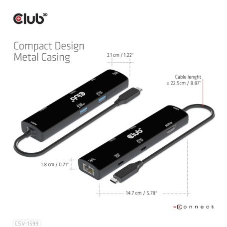 Club 3D USB Hub - CSV-1599 (USB-C 4 to HDMI, 2xUSB-A (10G), RJ45 (2,5G), USB-C 100W PD 3.0, USB-C 10Gbps, 8k60Hz)