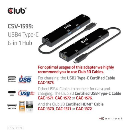 Club 3D USB Hub - CSV-1599 (USB-C 4 to HDMI, 2xUSB-A (10G), RJ45 (2,5G), USB-C 100W PD 3.0, USB-C 10Gbps, 8k60Hz)