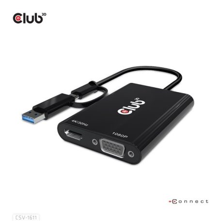 Club 3D Átalakító - CSV-1611(USB-C (USB-A Adapterrel) to Dual HDMI (4K/30Hz) / VGA (1080/60Hz))