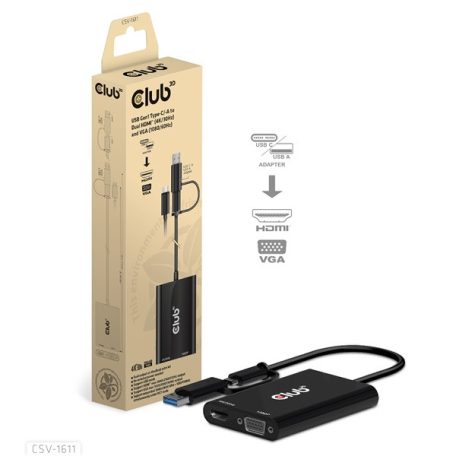 Club 3D Átalakító - CSV-1611(USB-C (USB-A Adapterrel) to Dual HDMI (4K/30Hz) / VGA (1080/60Hz))