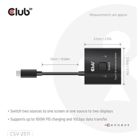 Club 3D USB Hub - CSV-2511 (USB-C to 2xUSB-C, Bidirectional, 100W PD, 8K60Hz/4K120Hz)