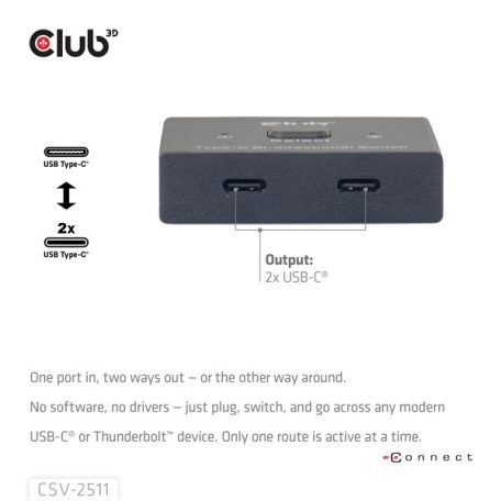 Club 3D USB Hub - CSV-2511 (USB-C to 2xUSB-C, Bidirectional, 100W PD, 8K60Hz/4K120Hz)