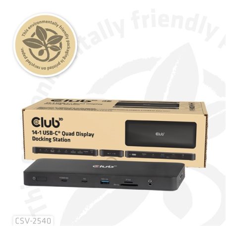 Club 3D Notebook Dokkoló - CSV-2540 (USB-C to 2xUSB-C, 2xUSB-A, 2xHDMI, 2xDP, RJ45, SD/MicroSD, 100W PD, 4K60hz)
