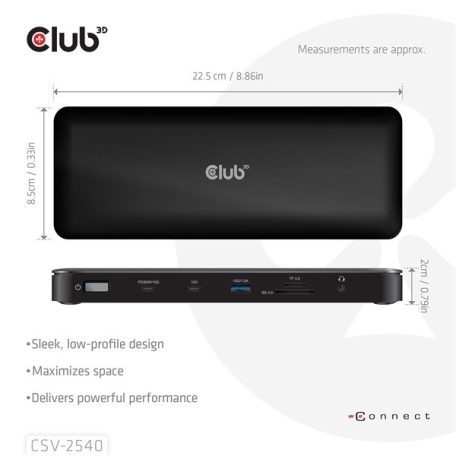 Club 3D Notebook Dokkoló - CSV-2540 (USB-C to 2xUSB-C, 2xUSB-A, 2xHDMI, 2xDP, RJ45, SD/MicroSD, 100W PD, 4K60hz)