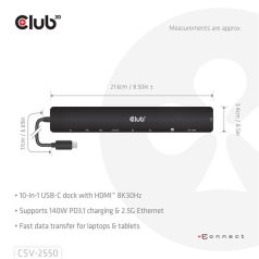   Club 3D USB Hub - CSV-2550 (USB-C to 3xUSB-C, 3xUSB-A, RJ45, SD/MicroSD, 140W PD, HDMI, 8K30hz)