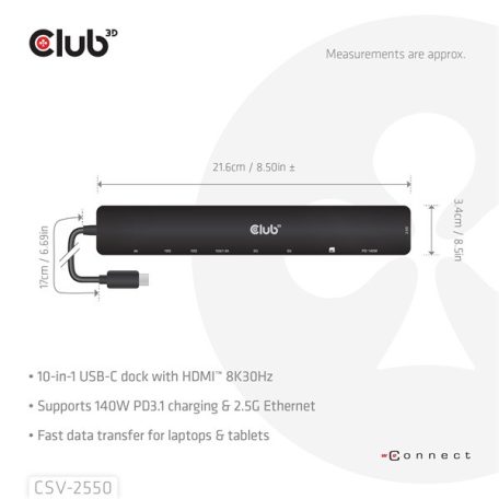 Club 3D USB Hub - CSV-2550 (USB-C to 3xUSB-C, 3xUSB-A, RJ45, SD/MicroSD, 140W PD, HDMI, 8K30hz)