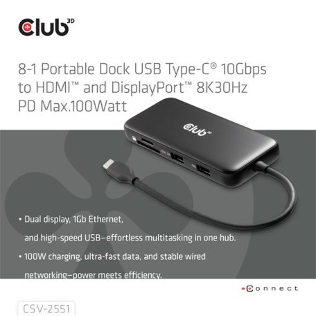 Club 3D USB Hub - CSV-2551 (USB-C to USB-C, 2xUSB-A, RJ45, SD/MicroSD, 100W PD, HDMI, DP, 8K30hz)