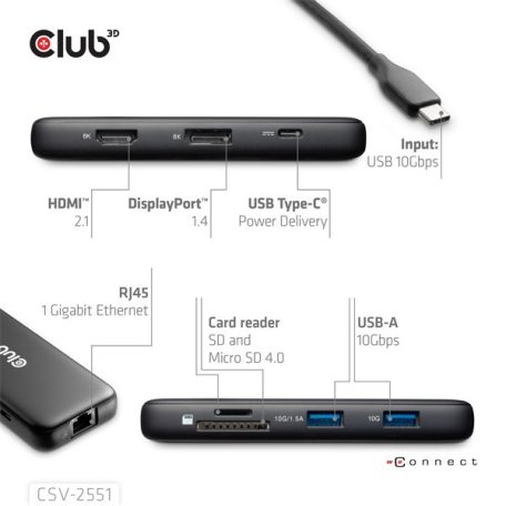 Club 3D USB Hub - CSV-2551 (USB-C to USB-C, 2xUSB-A, RJ45, SD/MicroSD, 100W PD, HDMI, DP, 8K30hz)
