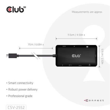 Club 3D USB Hub - CSV-2552 (USB-C to 2xUSB-C, 2xUSB-A, 2xHDMI, RJ45, SD/MicroSD, 100W PD, 4K60hz)