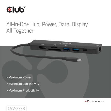 Club 3D USB Hub - CSV-2553 (USB-C to USB-C, 2xUSB-A, HDMI, RJ45, SD/MicroSD, 100W PD, 4K60hz)