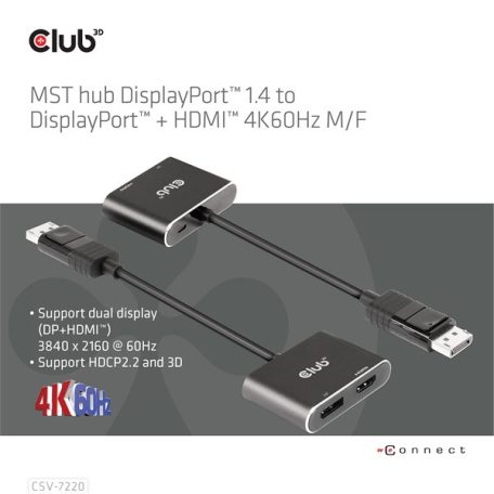 Club 3D MST Hub - CSV-7220 (DisplayPort 1.4 to DisplayPort + HDMI, 2x 4K60Hz)