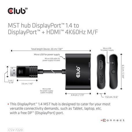 Club 3D MST Hub - CSV-7220 (DisplayPort 1.4 to DisplayPort + HDMI, 2x 4K60Hz)