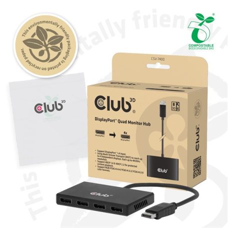 Club 3D Átalakító - CSV-7400 (DisplayPort to 4x DisplayPort, 8K30Hz)